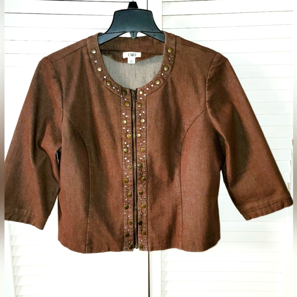 Women XL Brown Denim Crop Jacket 3/4 Sleeve Zip Studded Embelish Western Casual